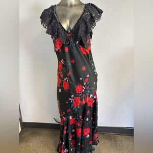 Free People Floral Black and Red Dress with Lace Details Size Small